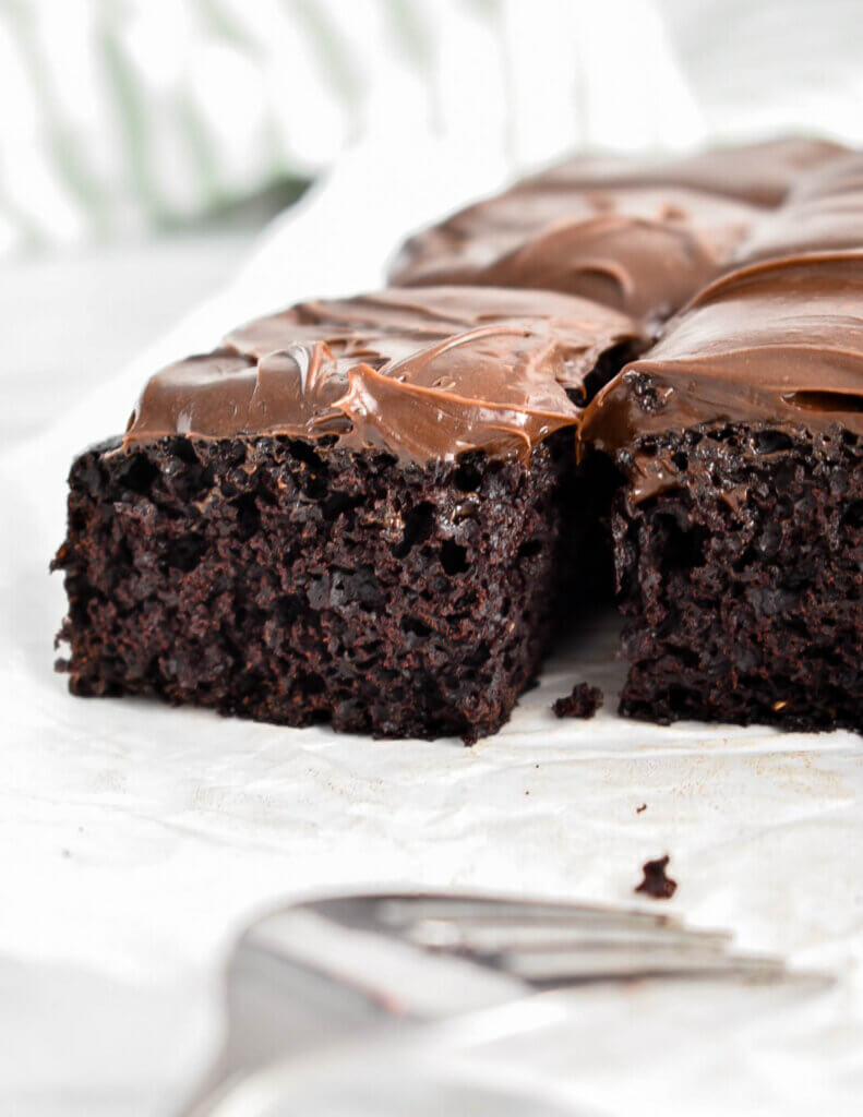 Closeup of a slice of chocolate zucchini cake showing undetectable zucchini.