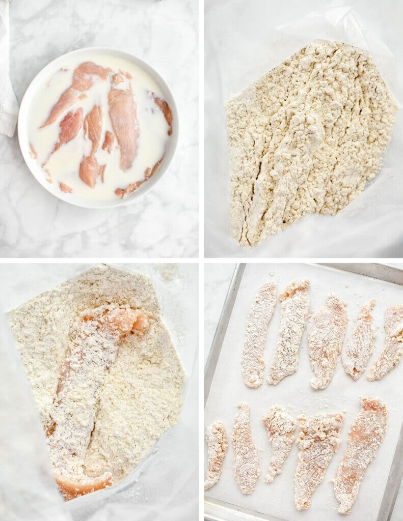 Photo collage showing how to make Oven Baked Chicken Strips.