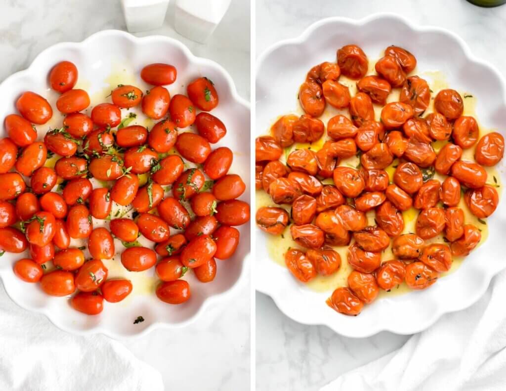 Roasted cherry tomatoes before and after they are roasted.