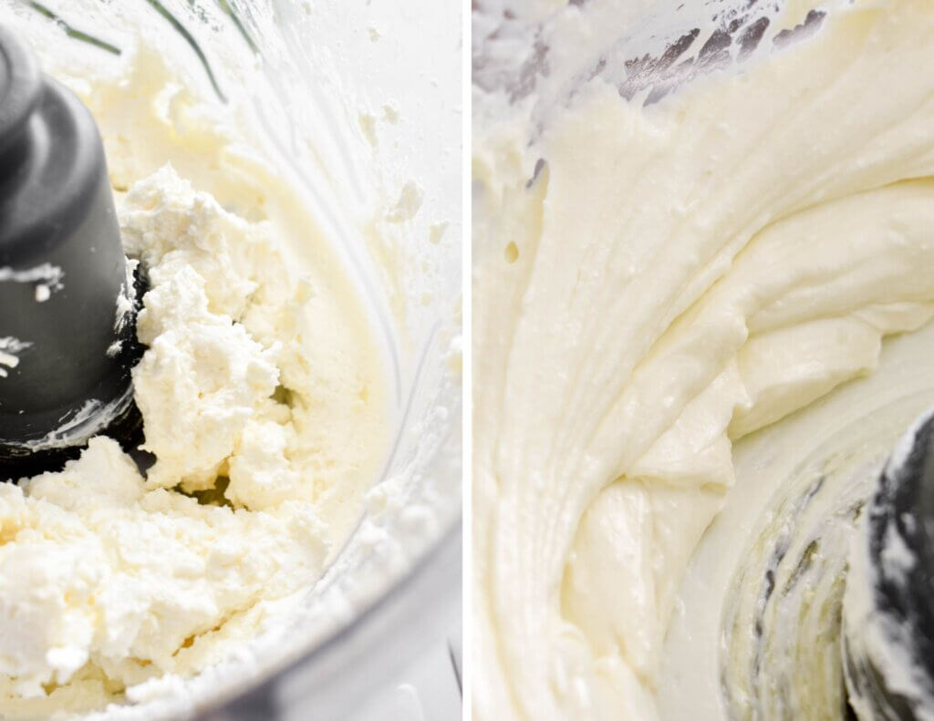 Photo collage showing how to make whipped feta dip.