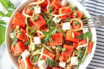 Watermelon salad with cucumber and feta and mint pesto
