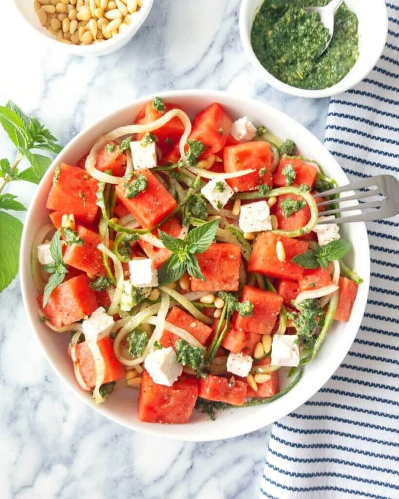 Watermelon salad with cucumber and feta and mint pesto