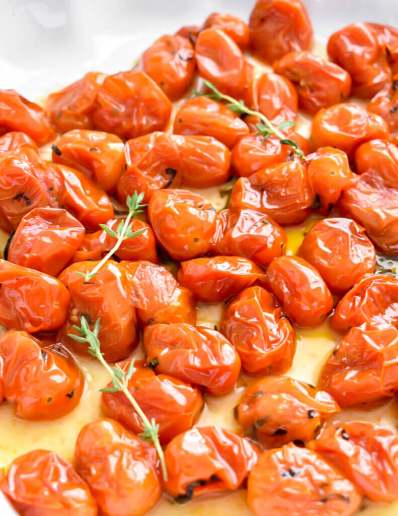 Closeup of roasted cherry tomatoes.