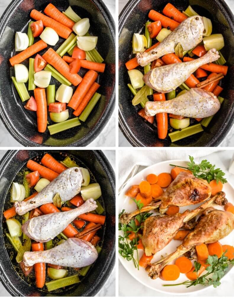 Photo collage showing 4 steps for making roasted turkey drumsticks.