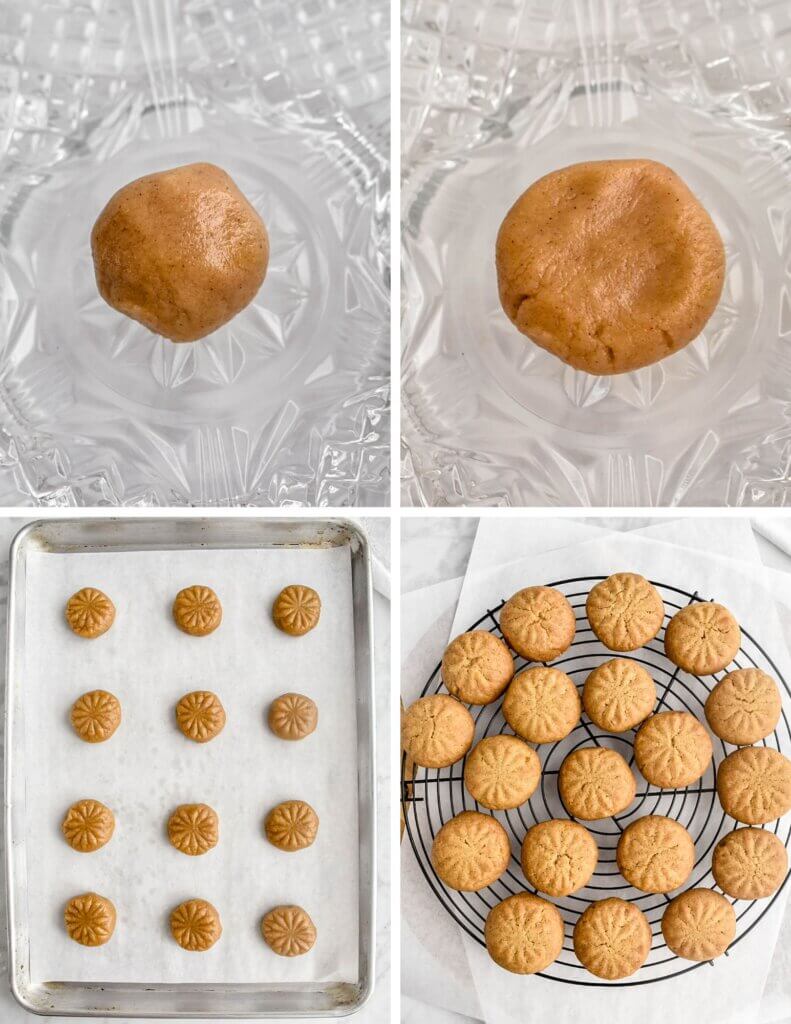 A photo collage with four photos showing the steps for forming the melomakarona cookies.