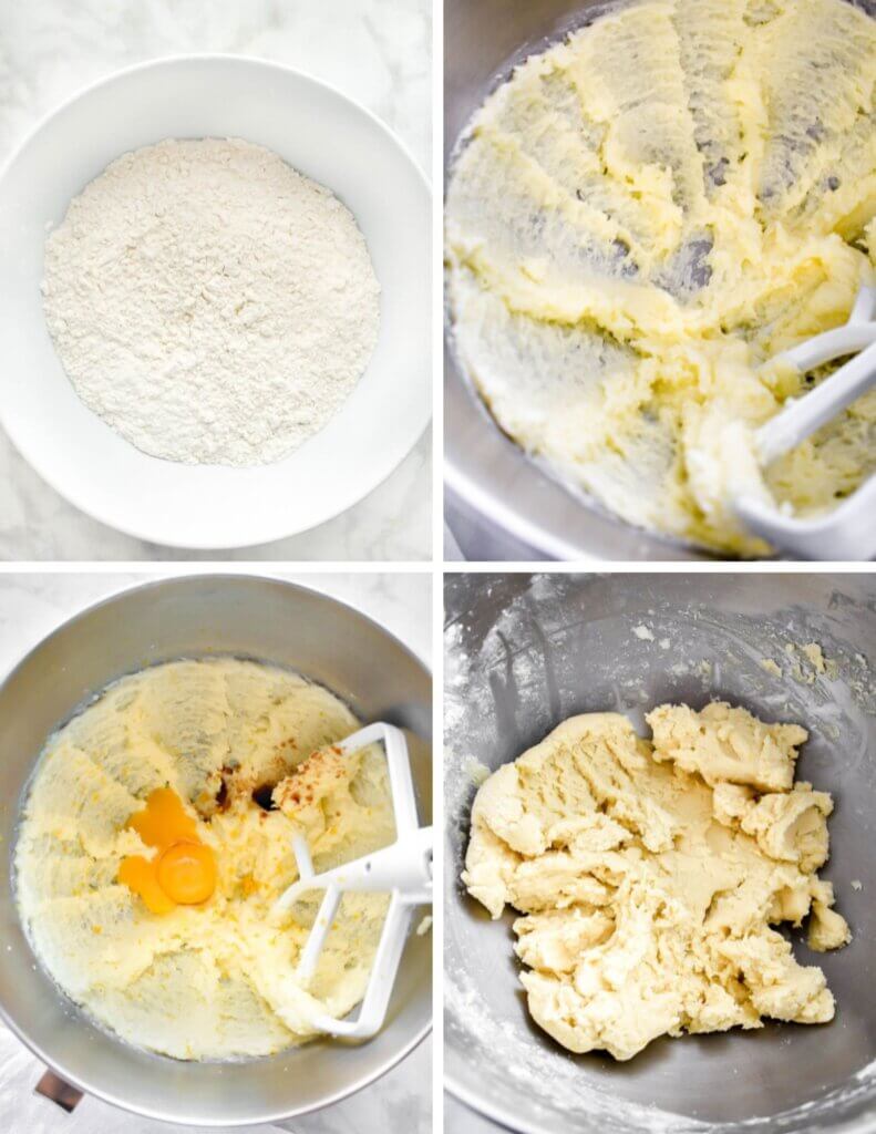 Photo collage showing the steps for making alfajores dough.
