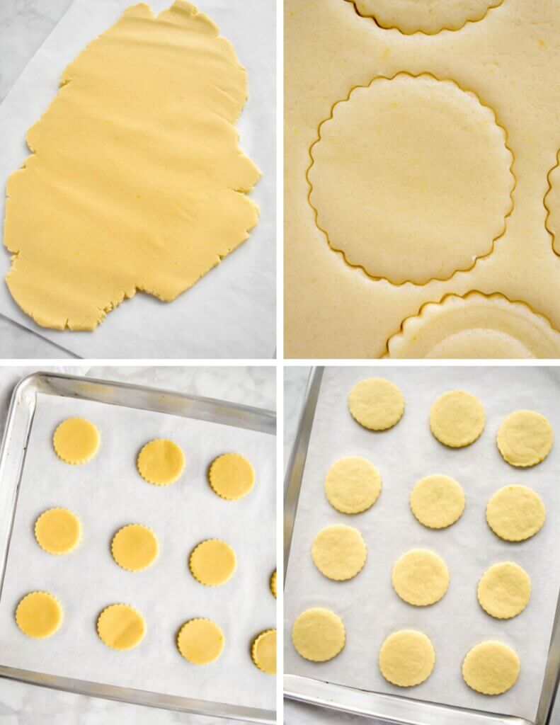 A photo collage showing the steps for sharping alfajores cookies.