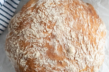 Topview of baked No Knead Bread on parchment paper.