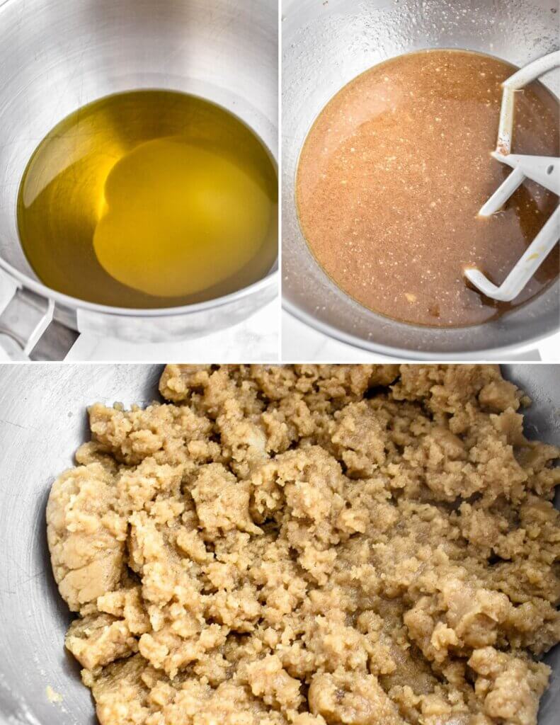 A photo collage showing three steps for making melomakarona dough with the first photo showing oil and sugar in the bowl of a stand mixer, the second showing all the wet ingredients mixed in the bowl and the final photo showing the completed dough in the bowl.