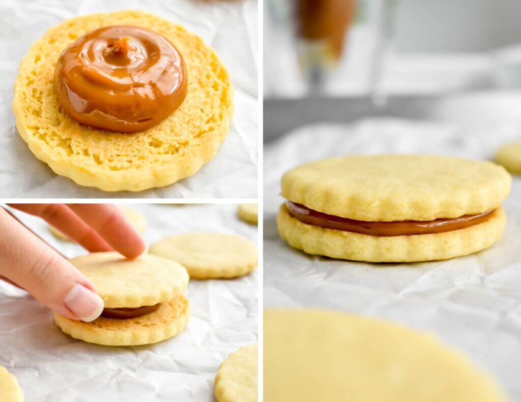 A photo collage showing how to make a sandwich cookie.