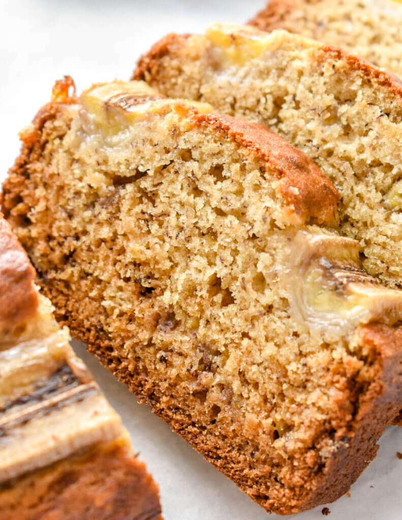Extreme closeup of slices of banana bread.