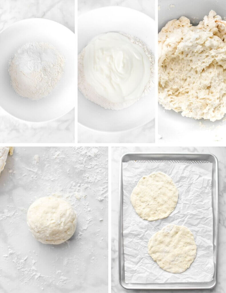 A photo collage showing the steps for making Yogurt Flatbread.