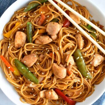 chicken teriyaki stir fry bowl with noodles.