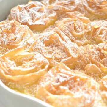 Closeup of the filo rose shaped swirls in a Ruffled Milk Pie (Greek Patsavouropita).