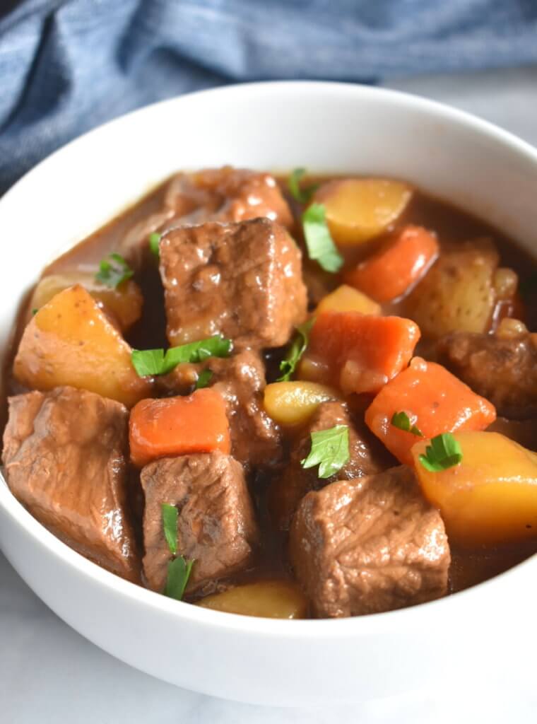Closeup of a bowl of Irish Beef Stew.