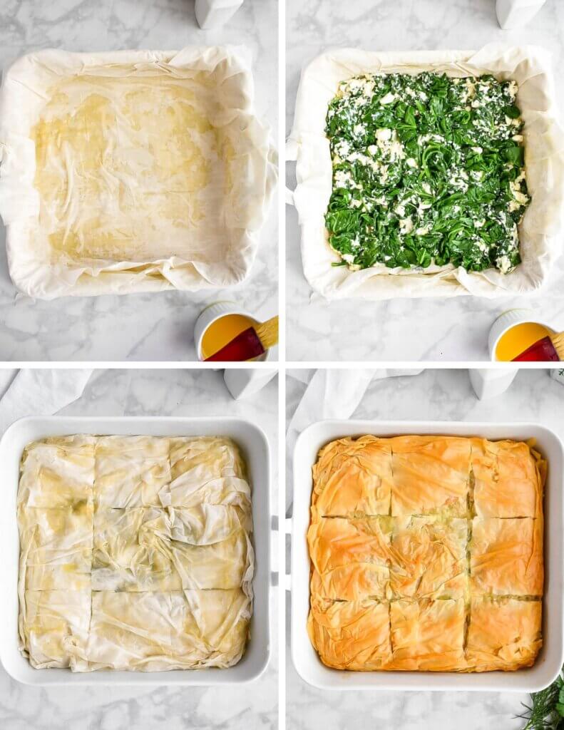 Photo collage showing the steps for assembling spanakopita.