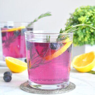 Blueberry gin & tonics garnished with lemon slices and rosemary.