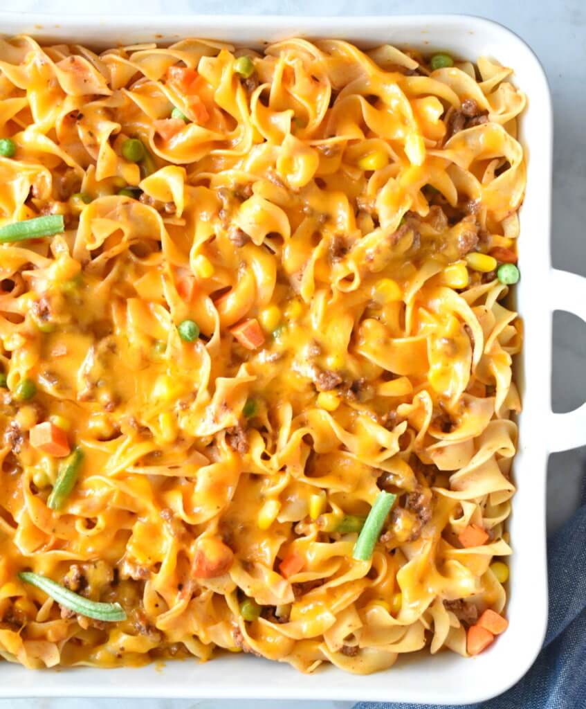 Baking dish with Cheesy Beef & Noodle Casserole.