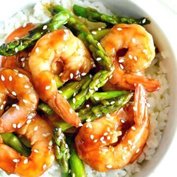 Teriyaki Shrimp and Asparagus on rice.