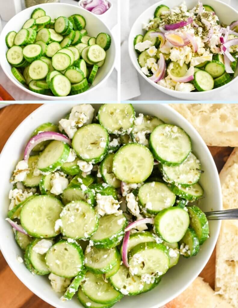 Photo collage showing the steps to make cucumber feta salad.