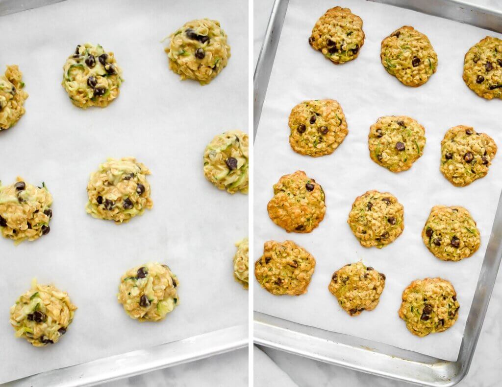 A tray of zucchini chocolate chip cookies before and after they are baked.