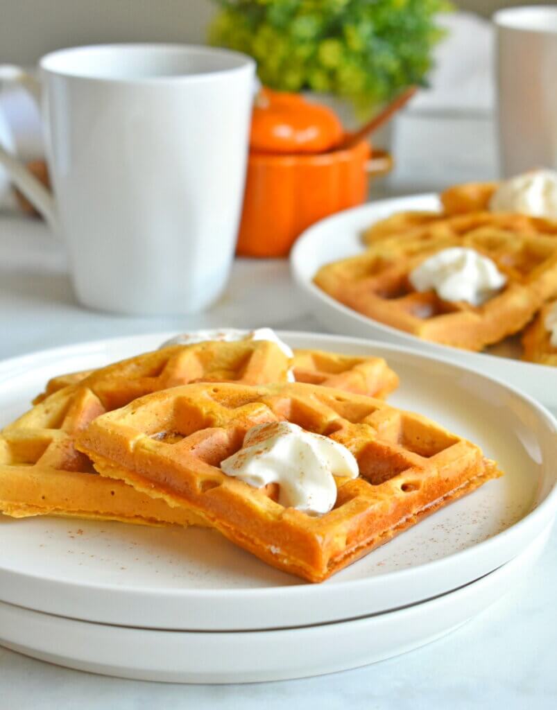 Close up of a plate of Pumpkin Spice Waffles.