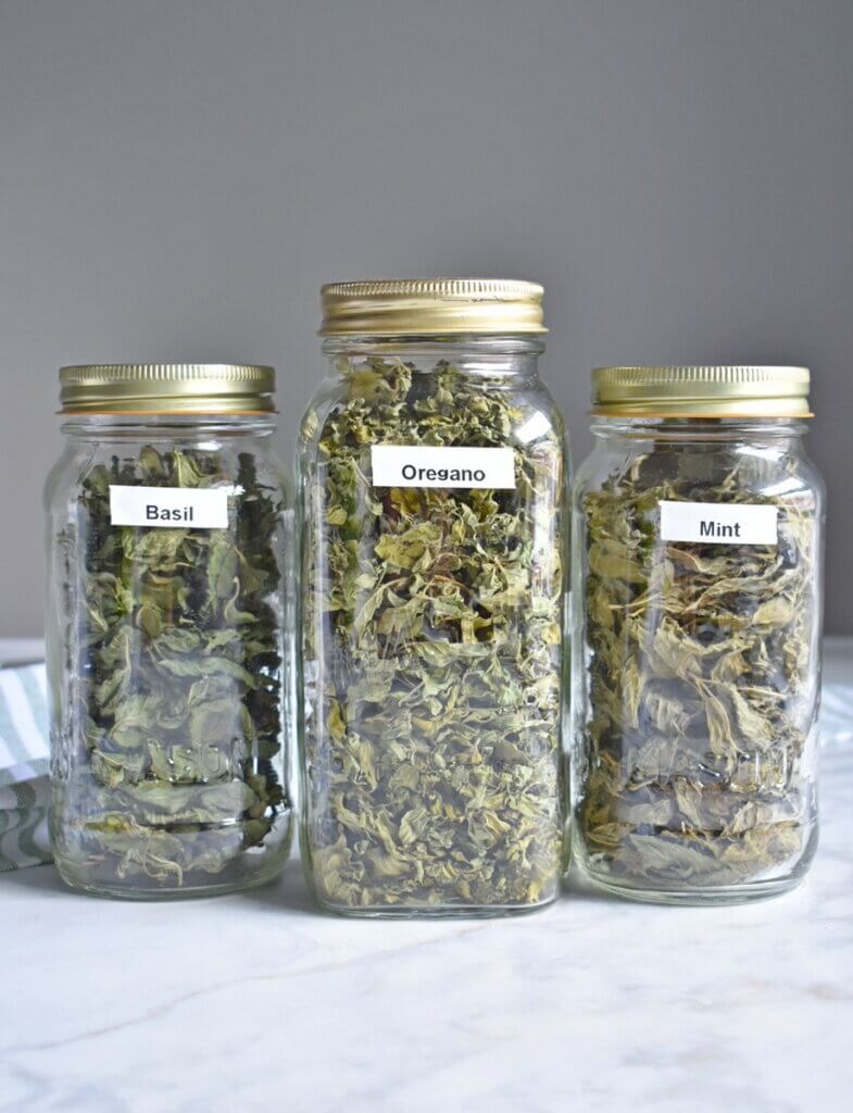 Jars of dried stored basil, oregano, and mint.