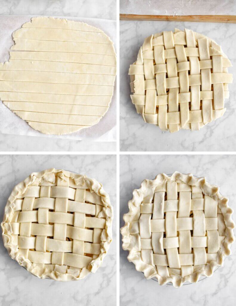 Photo collage showing the steps for making a lattice crust on a pie.