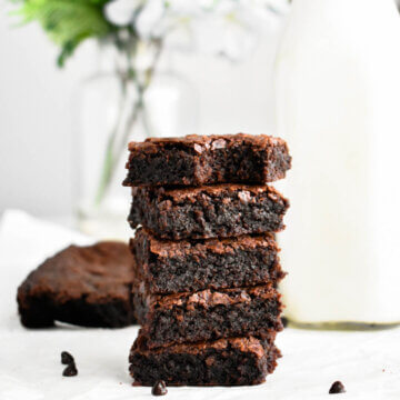 5 Homemade Fudgy Brownie slices stacked on top of each other.
