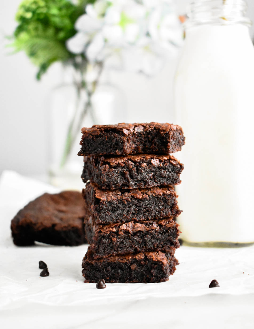 5 Homemade Fudgy Brownie slices stacked on top of each other.