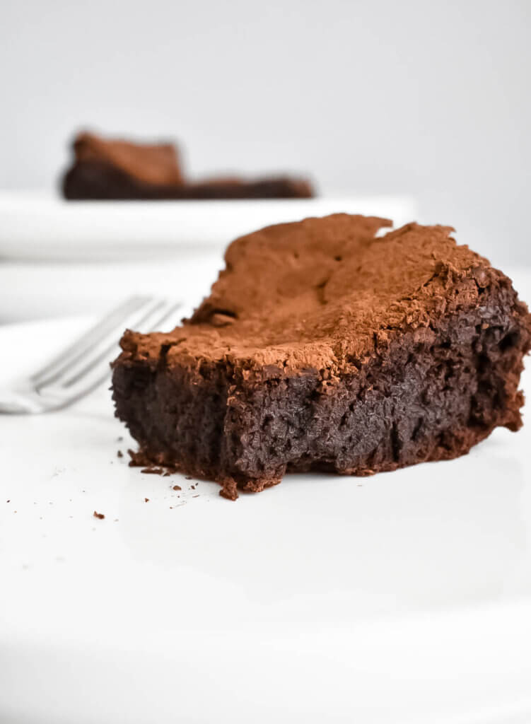 slice of Flourless Chocolate Cake with a fudgy center