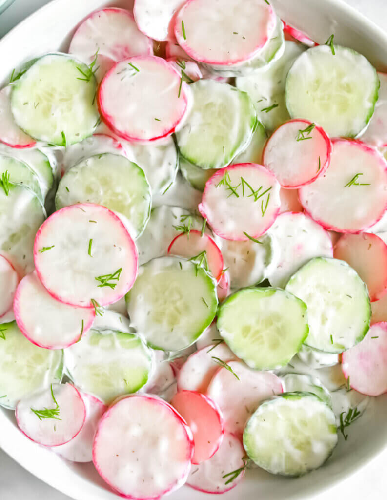 Closeup of a bowl of Radish Cucumber Salad.
