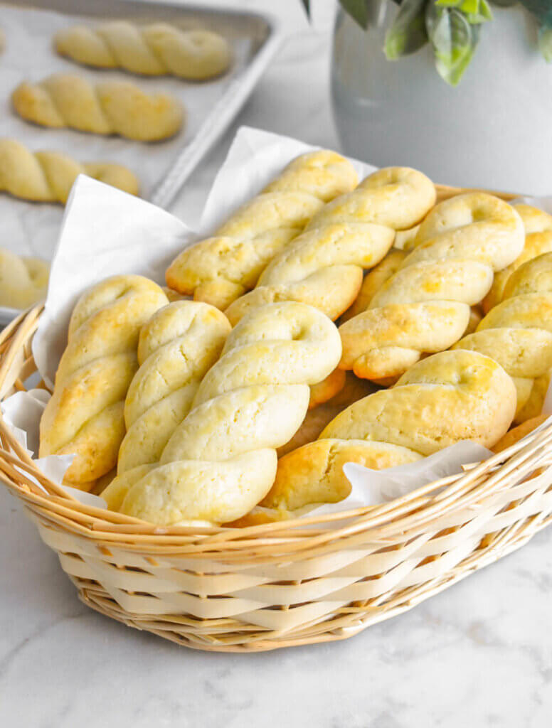 Koulourakia - Greek Easter Cookies in a basket.