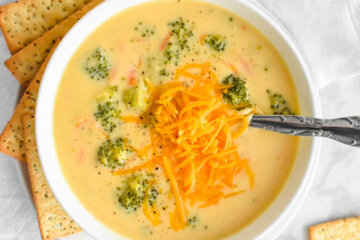 broccoli cheddar soup topped with cheddar cheese