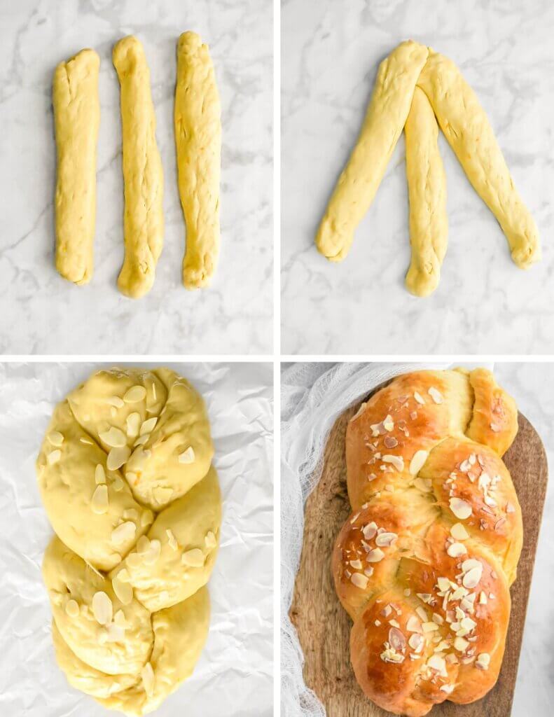 Photo collage showing four steps for making tsoureki bread starting with three portions of bread dough rolled into logs, then joined in on one end to begin braiding. The third and fourth photos showed the braided tsoureki loaf before and after baking.