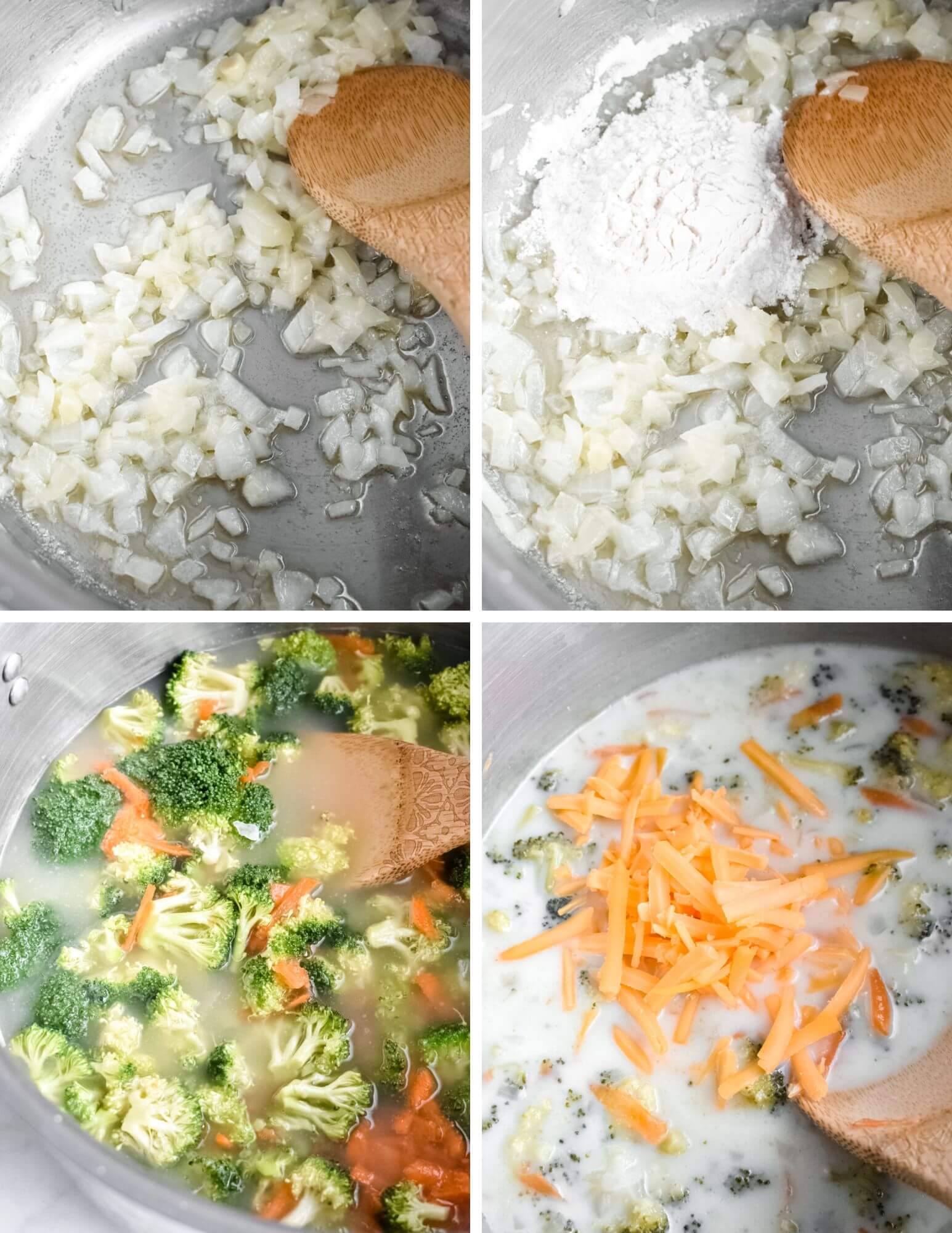 A photo collage showing four steps for making broccoli cheddar soup.