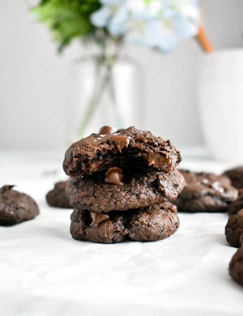 Stack of Double Chocolate Chip Cookies.