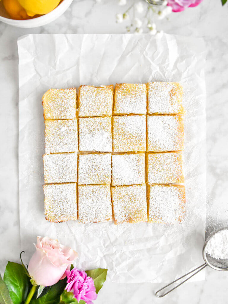 Sliced Lemon Bars dusted with icing sugar