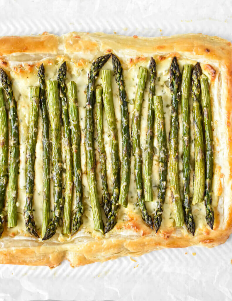 close up of a baked Asparagus Puff Pastry Tart