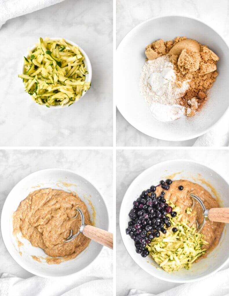 Photo collage showing How to Make Blueberry Zucchini Muffins