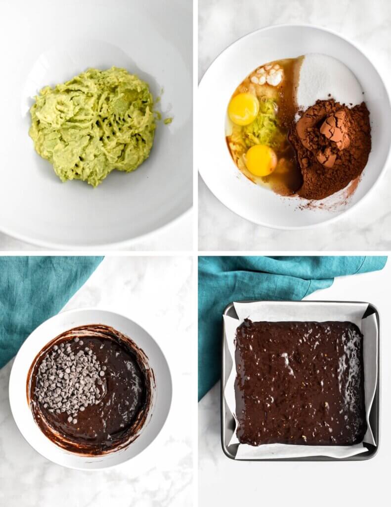 A photo collage with four photos showing the steps for making avocado brownies.
