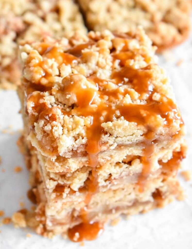 Stack of Apple Pie Bars with caramel