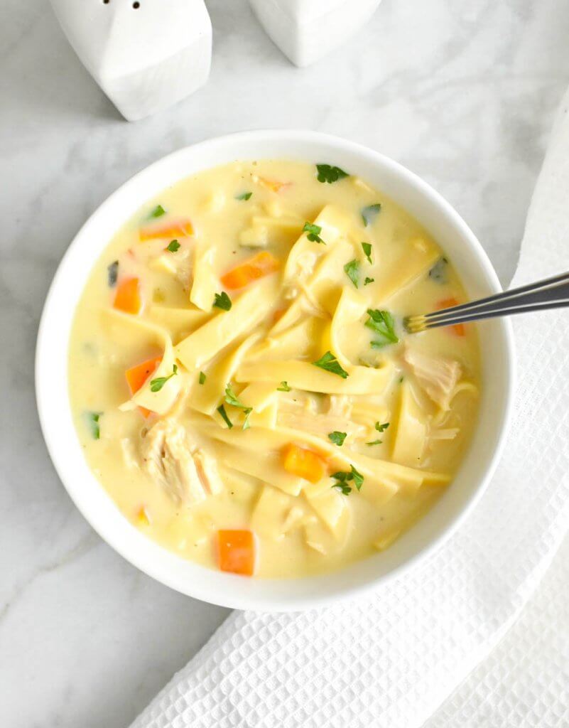 Cozy bowl of creamy chicken noodle soup