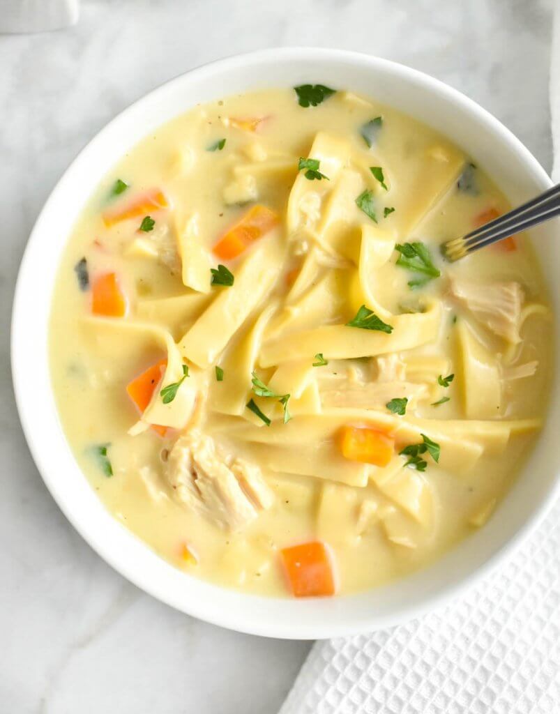 cozy bowl of creamy chicken noodle soup