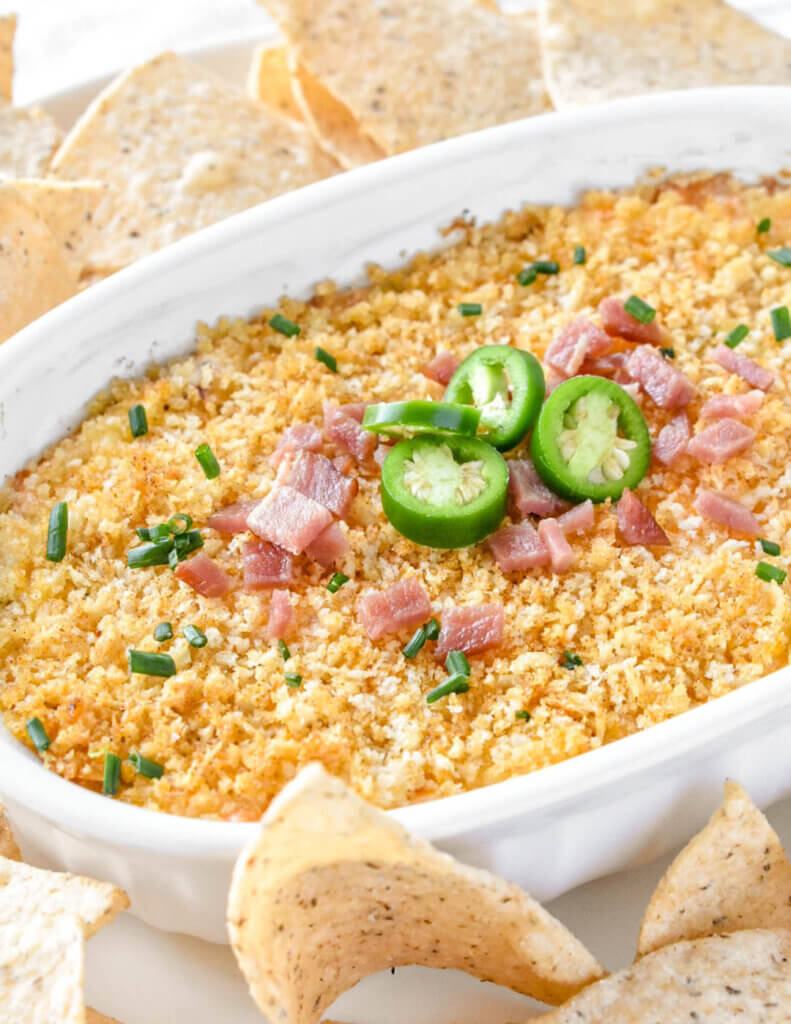 Close up view of Jalapeno Popper Dip with Bacon