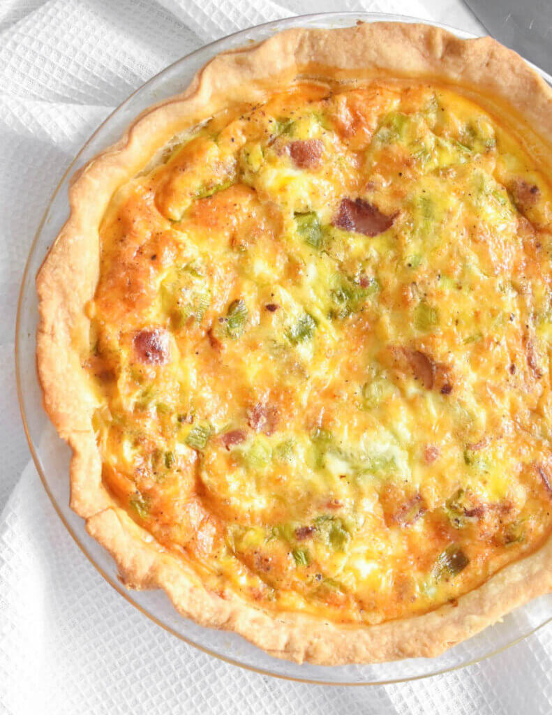 Bacon & Leek Quiche with bits of leek and cooked bacon