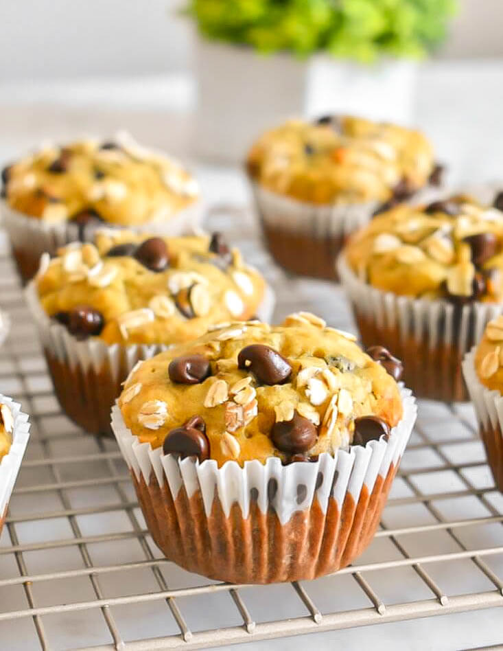 Banana Chocolate Chip Oat Muffins on a cooling rack