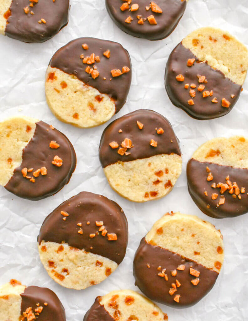 Tray of Chocolate Dipped Toffee Shortbread Cookies