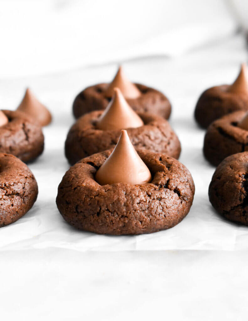 Chocolate Kiss Cookies topped with a Hershey kiss