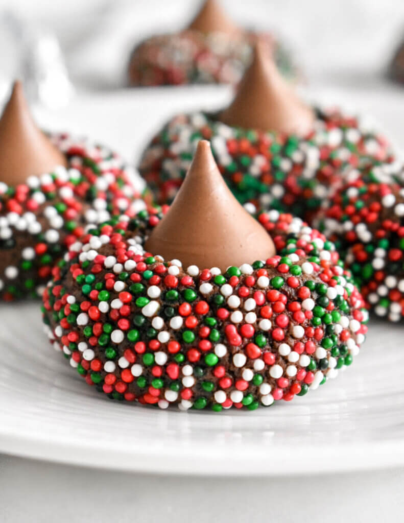 Christmas Kiss Cookies topped with a hershey kiss